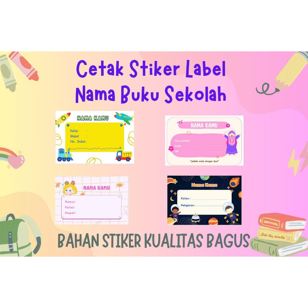 Cetak Stiker Label Nama Buku Sekolah Kelas Pelajaran Anak SD SMP SMA Kuliah
