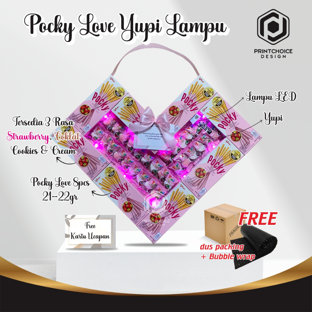 

Pocky Love 8pcs Yupi Lampu LED Free kartu Ucapan Bubble Wrap Double Dus Netto 21-22 Gram