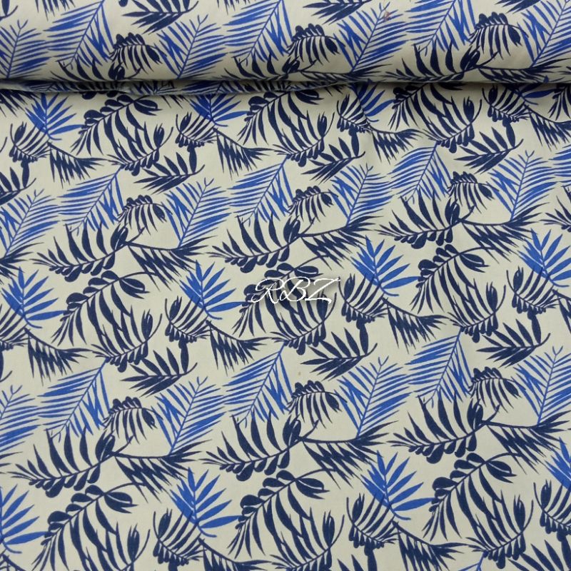 KAIN KATUN POPLINE GARMENT PREMIUM IMPORT MOTIF DAUN KELAPA BIRU