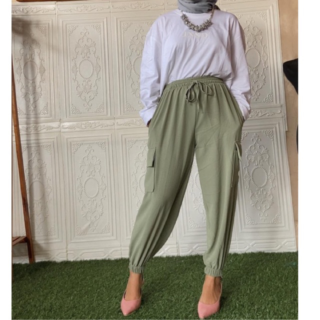CELANA JOGGER POCKET WANITA // CELANA PANJANG KANTONG GEMBOL TALI SERUT BAHAN CRINCLE AIRFLOW // CEL