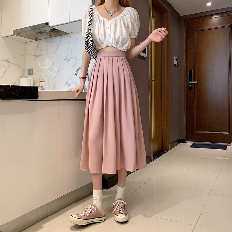 Drozenb Skirt Rok Panjang Maxi Wanita/Rok Wanita Korea/Rok Wanita Model Lipat Retro Highwaist Import