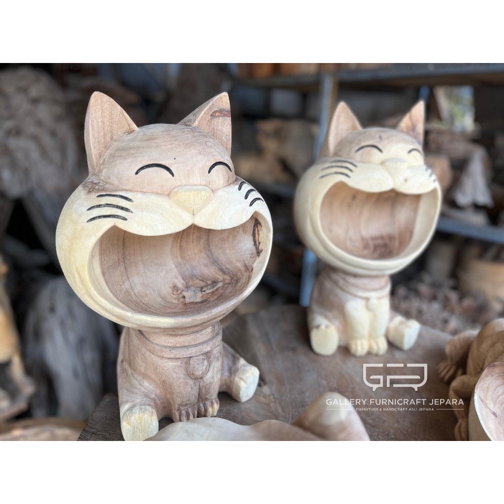 Patung Boneka Mulut Terbuka Kucing Kayu Solid 40cm