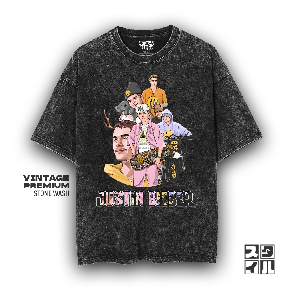 Caption'Style Baju Band JUSTIN BIEBER Kaos Stonewash | Kaos Oversize Wanita | Kaos Pria | Kaos Keren
