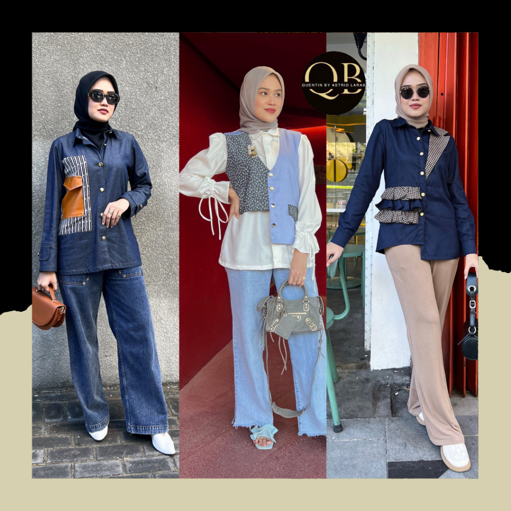 QB Denimplicity Blouse Jeans Kombinasi Bahan Soft Denim & Leather/Shirt Detail Saku Unik dan Kerah B