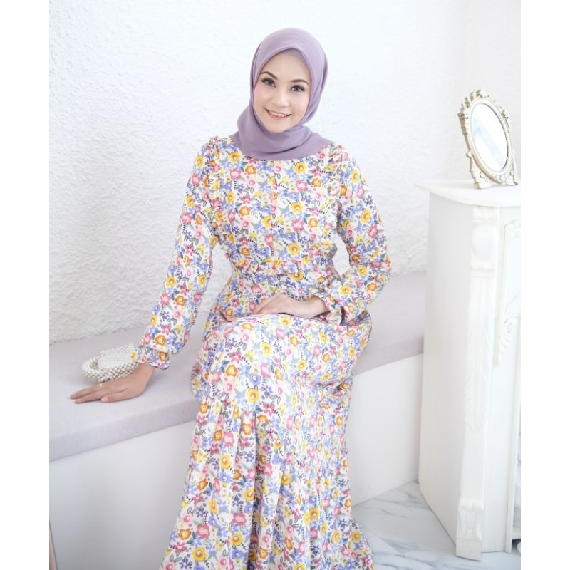 Ounadoutfit Emina dress wanita muslimah premium bahan rayon adem motif bunga kekinian