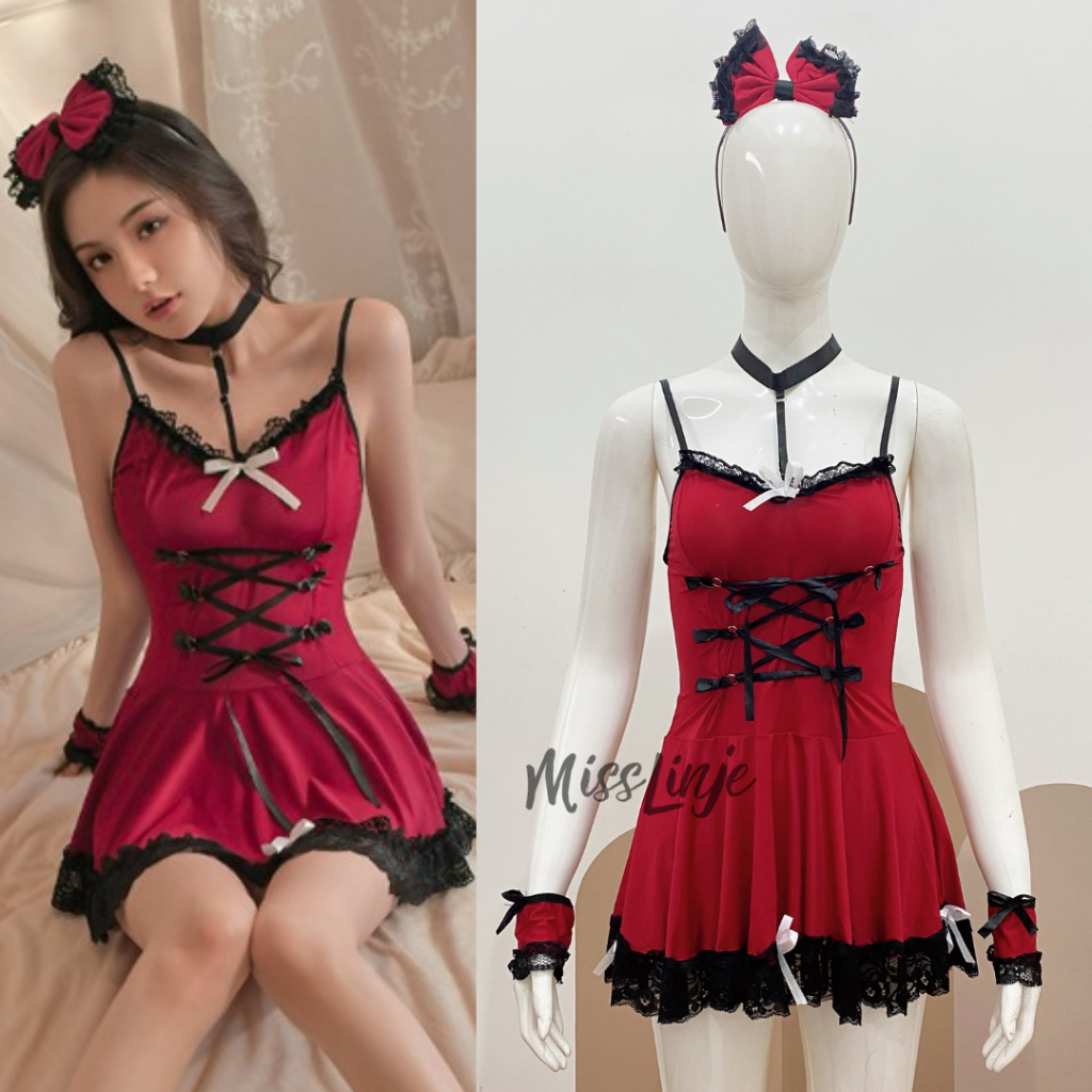 MISS LINJE Baju Lingerie Cosplay Kostum Dress Merah Maid Pelayan Jepang Imut Ice Silk Full Set