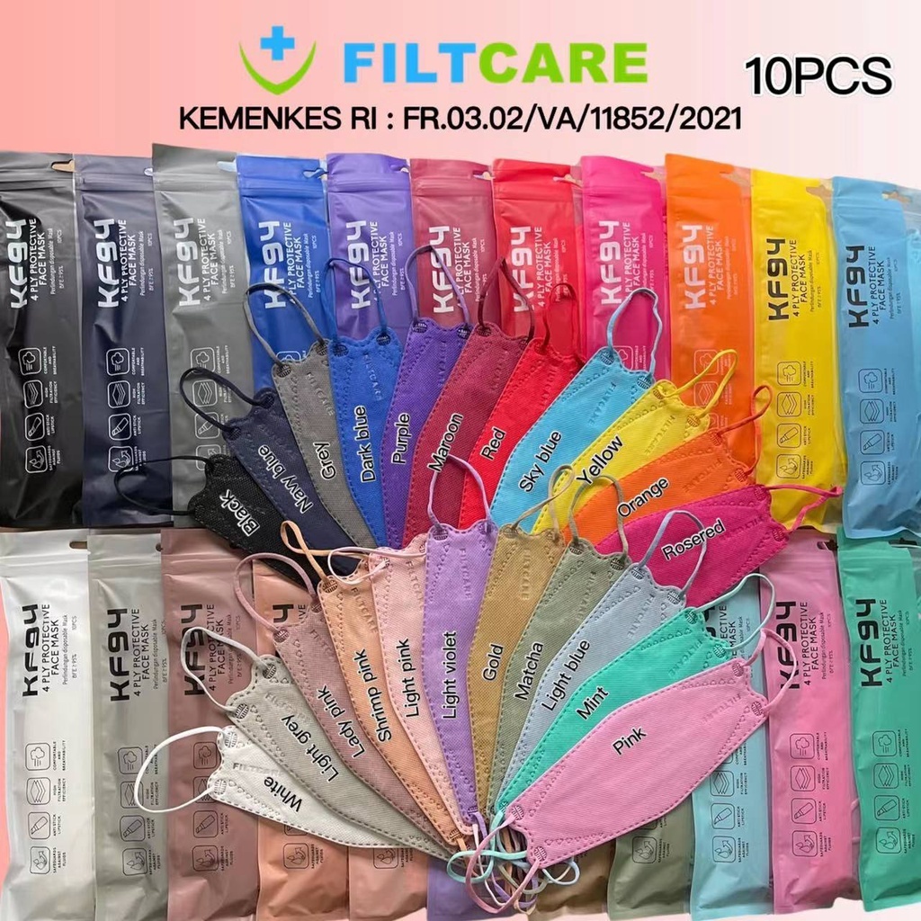 Masker KF94 Filtcare Dewasa Warna Hitam Putih Abu  4 Ply  EARLOOP Tali Senada Isi 10 Pcs per pack