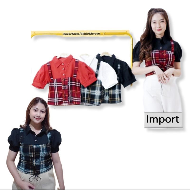 Atasan Wanita Kombinasi Kotak Lengan Balon