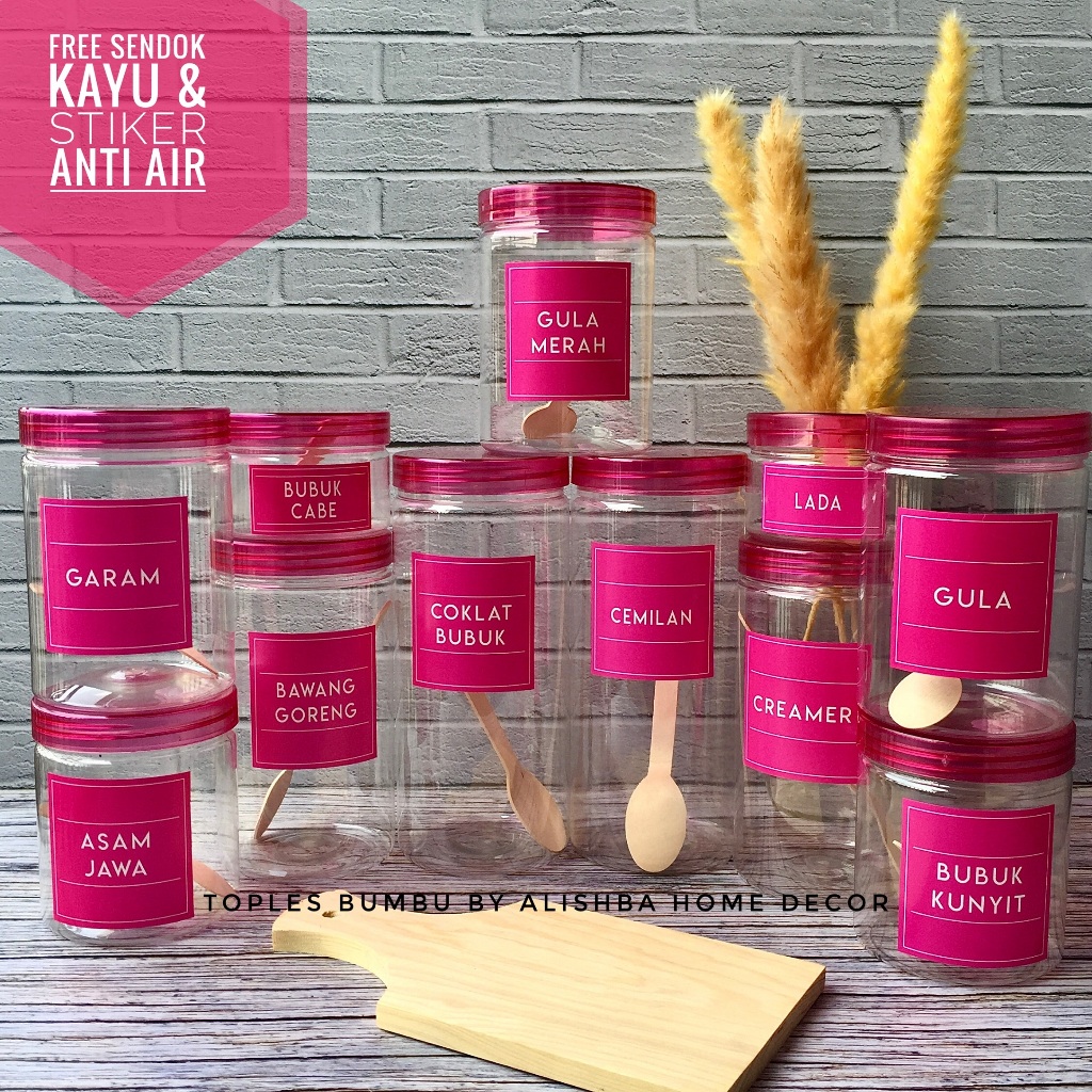 TOPLES BUMBU DAPUR TUTUP PINK (PLASTIK) 11 PCS PAKETAN MODEL MINIMALIS FREE SENDOK KAYU DAN LABEL ST