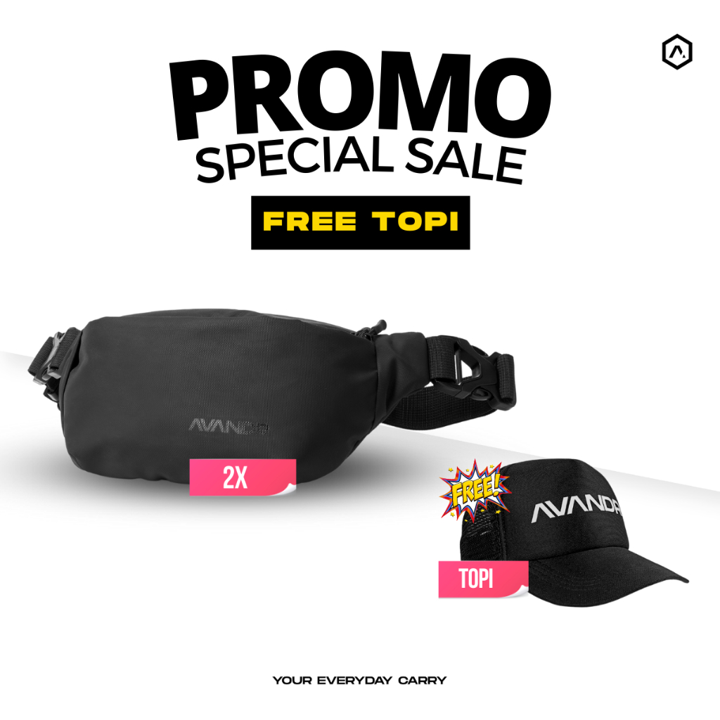 Avandr Tas Pinggang Pria Hitam Waistbag Special Paket 2X (Free Topi)