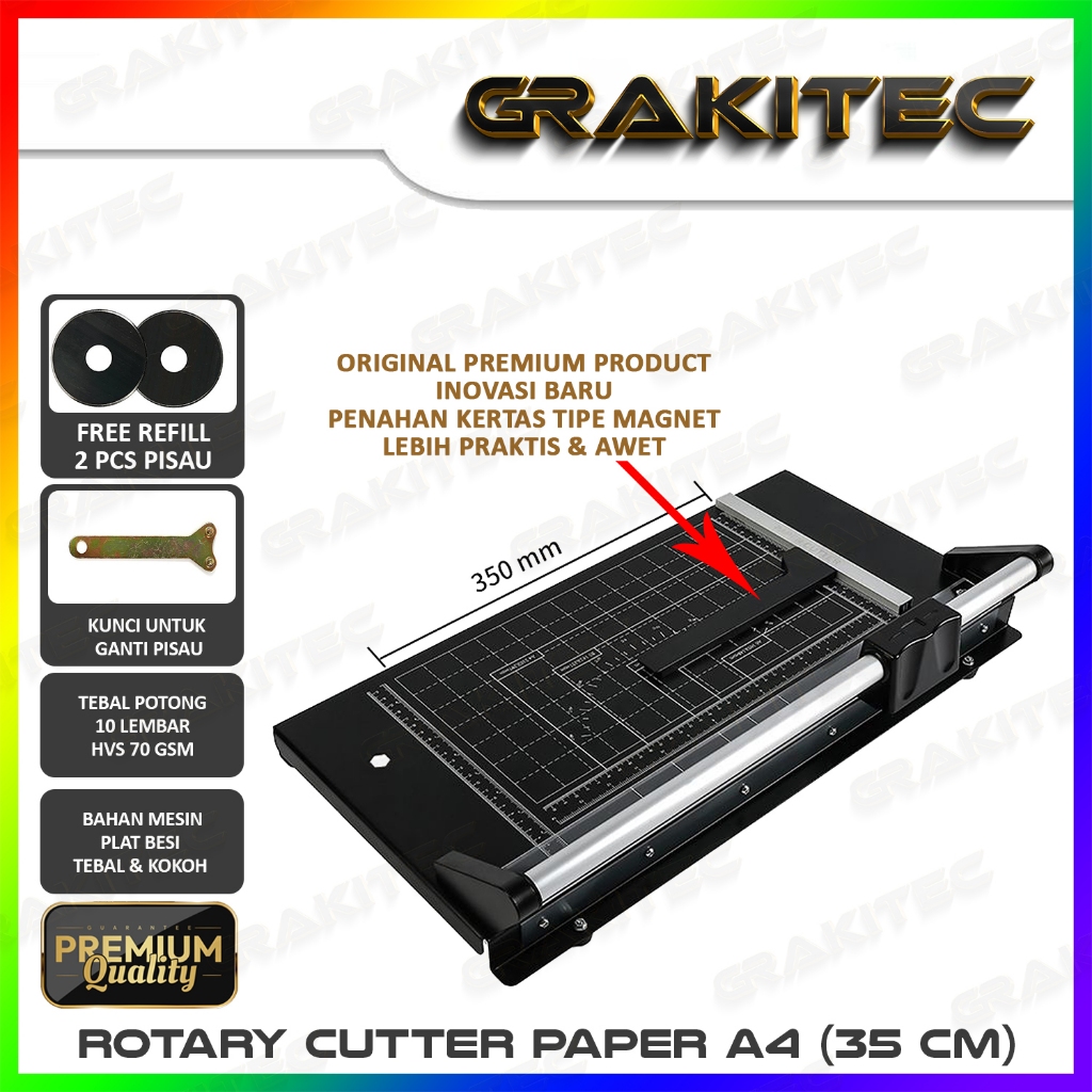 

Rotary Paper Cutter Trimmer A4 / A3 vertikal 35 cm - Alat Potong / Pemotong kertas Hvs, Kertas foto Photo glossy, Sticker, Art Paper, A3, A4, A5, A6, Pas Photo