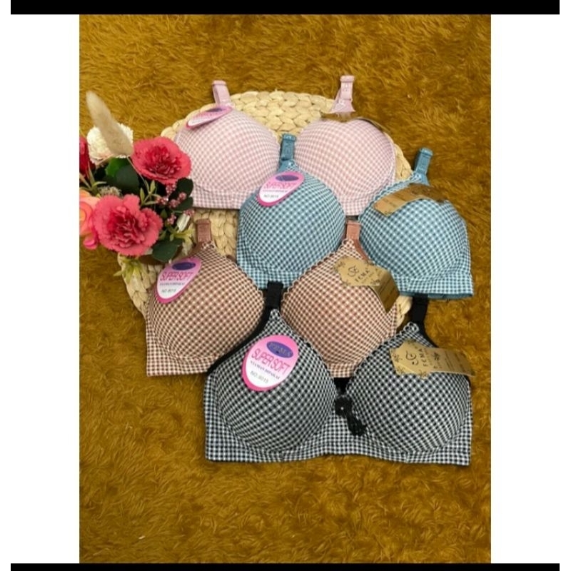 Bra Fema motif kotak cup B tanpa kawat kait 3 premium import