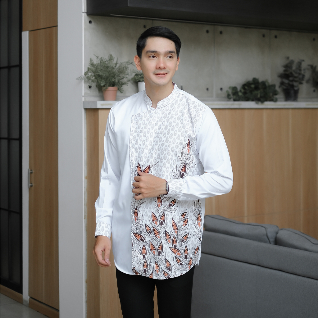 Kemeja Koko Batik Motif Bunga Lengan Panjang Warna Putih CHF BIG Size M L XL 2LX 3XL JUMBO