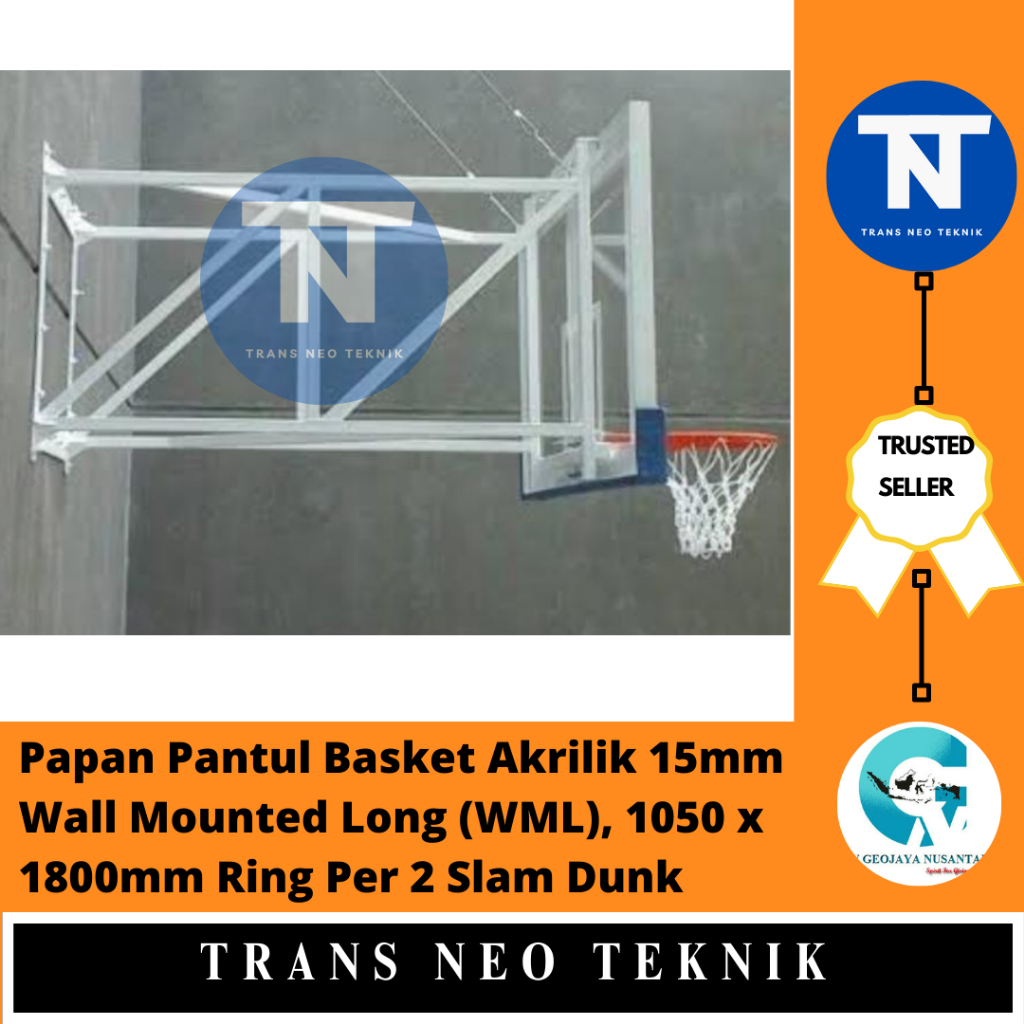 Papan Pantul Basket Akrilik 15mm Wall Mounted Long (WML), 1050 x 1800mm Ring Per 2 Slam Dunk