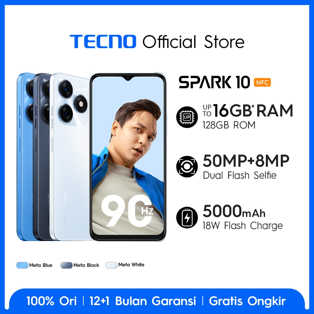 TECNO SPARK 10 NFC – 4+4GB*/8+8GB*+128GB, 50MP+AI Main Rear with Dual LED Flash + 8MP Front Camera, Helio G37, 6,56” HD+ 90Hz, 5000mAh + 18watt + Type C, Android 13, Garansi 12+1-1