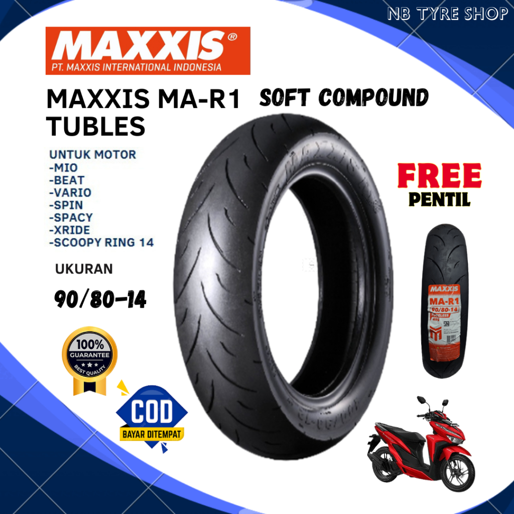 Ban Tubles Maxxis MA R1 ( 90/80-14 ) Soft Compound Balap Ban luar motor Matic Beat Vario FREE PENTIL