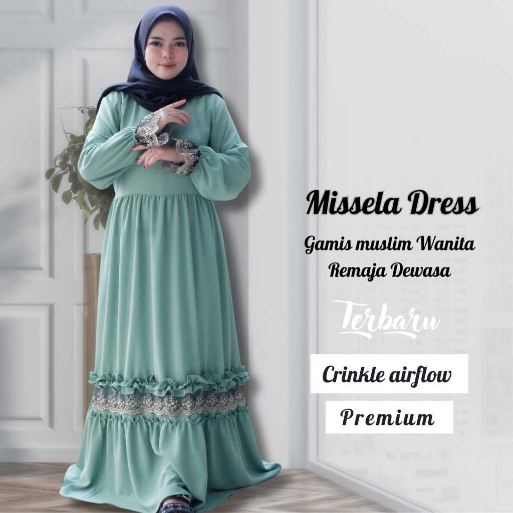 Gamis Syari Cringkle Remaja Dewasa Mix Renda Bunga Dress Sage Green Hijab Maxi Terbaru Baju Muslim