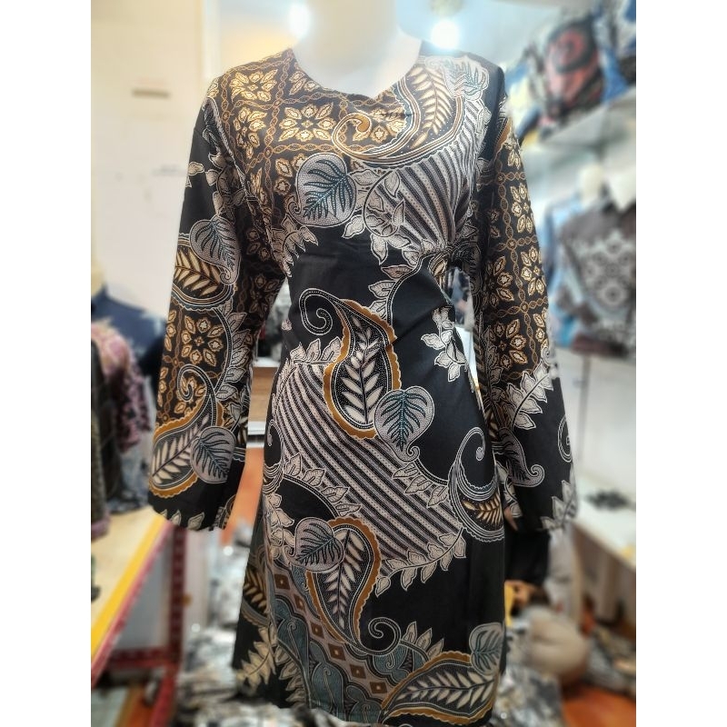 Batik wanita Tunik Hitam kombinasi resleting depan bahan katun mikro