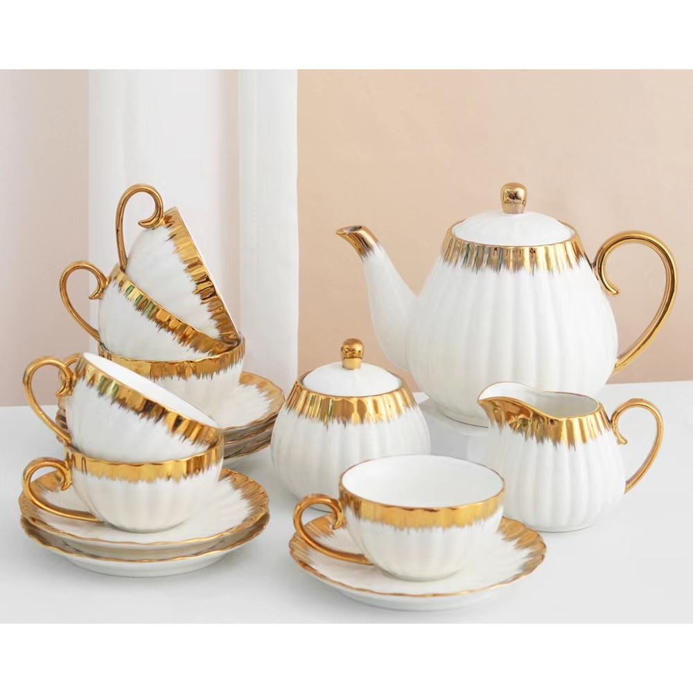 [ Hampers ] Set Tea Pot Cangkir Teko Kettle Ketel Poci Keramik Set  / Teapot Set Ribbon Gold / Teapot lucu / hampers teapot