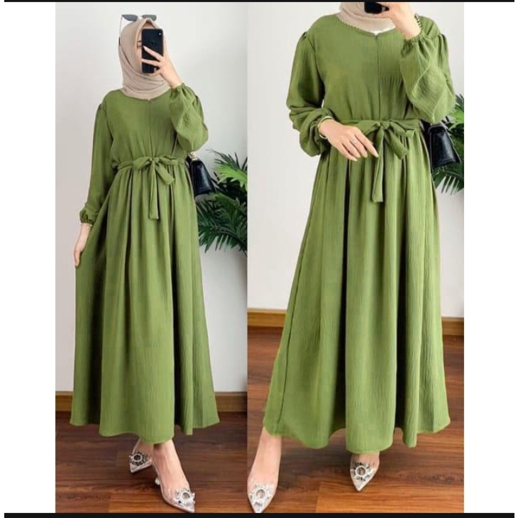 Gamis Midi Liana Wanita Polos Dress Muslim Tali Pinggang Terbaru