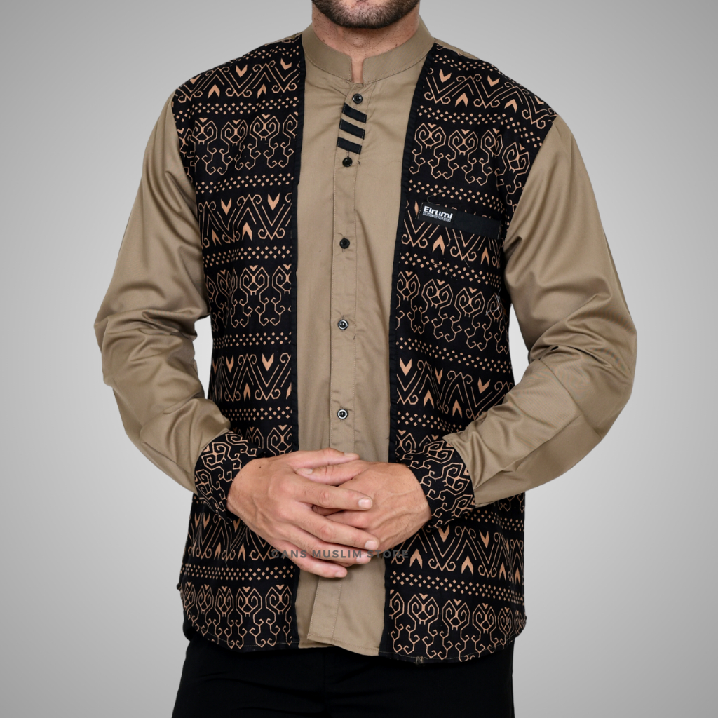 Baju Koko Pria Lengan Panjang Warna Coklat Kombinasi Batik Toraja