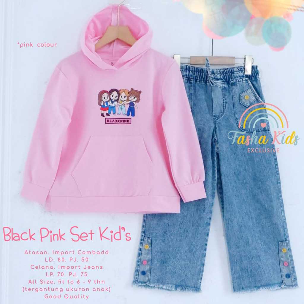 BLACK PINK SET KIDS ONESET ANAK PEREMPUAN USIA 6-10 TAHUN JACKET HOODIE DAN CELANA KULOT JEANS SETCE