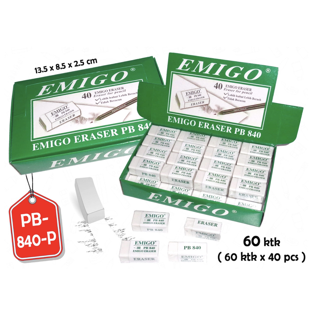 

1 BOX / 40 Pcs Penghapus Eraser Emigo PB 840 ( Putih )