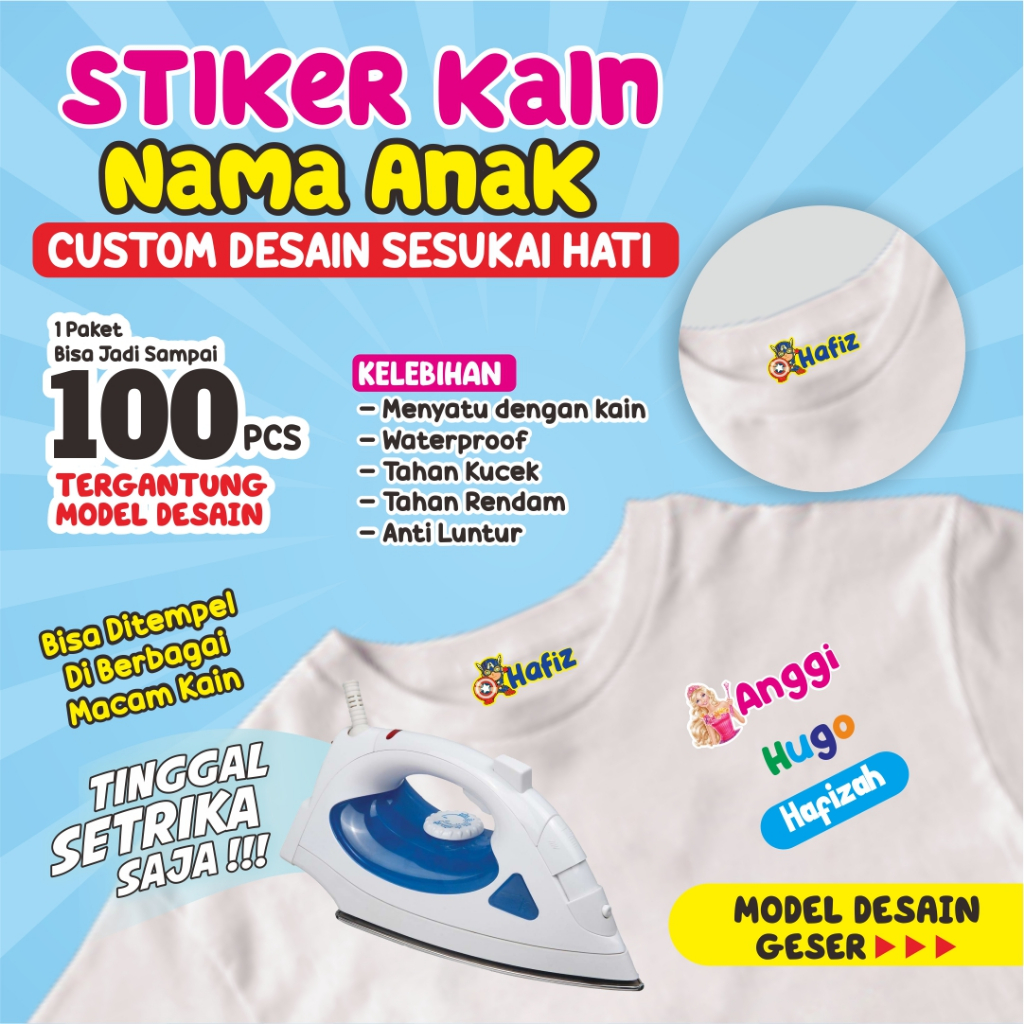 

custom Stiker Kain, stiker nama baju, stiker kain setrika, sablon setrika