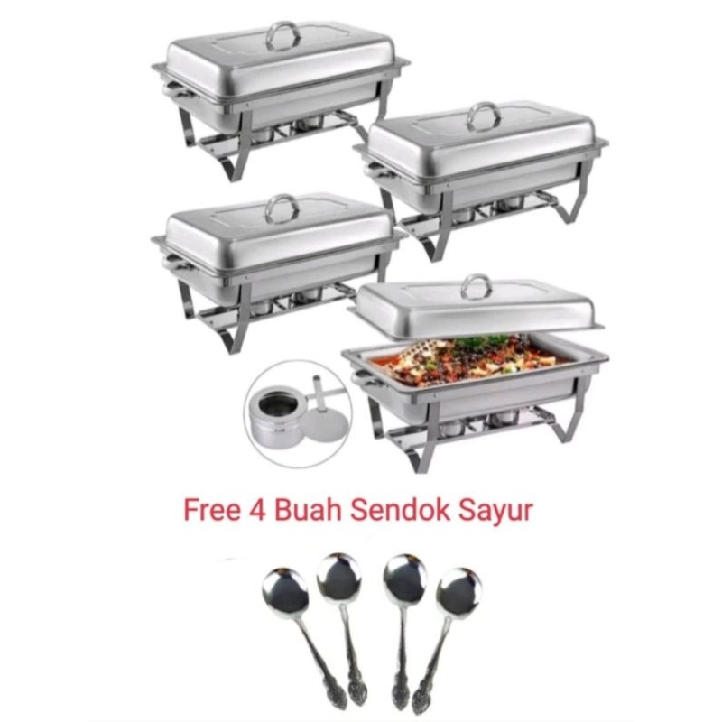 Prasmanan Chafing Dish Jumbo Sekat 2 Tray Paket Hemat 4 Set + Bonus 4pcs Sendok Sayur