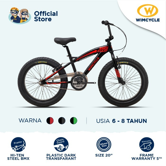 Sepeda Anak BMX Wimcycle Big Foot 20" Solid Series - Black Red