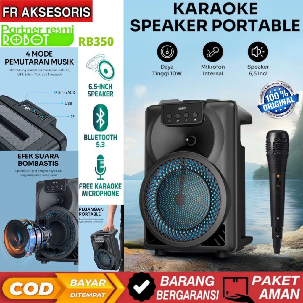 SPEAKER BLUETOOTH ROBOT RB350 Speaker Karaoke BT 5.3 FREE Microphone