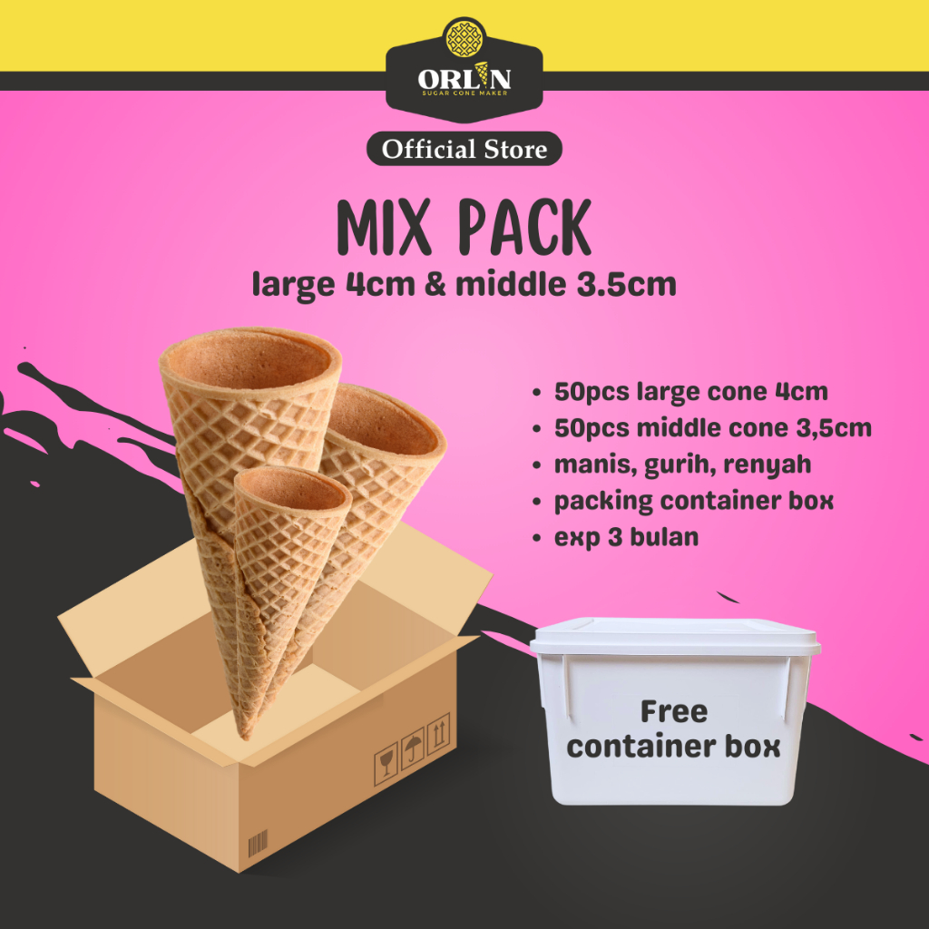 

ORLIN Mix Paket Usaha Middle & Large Waffle Cone Ice Cream 100pcs+Ember/Box Campina