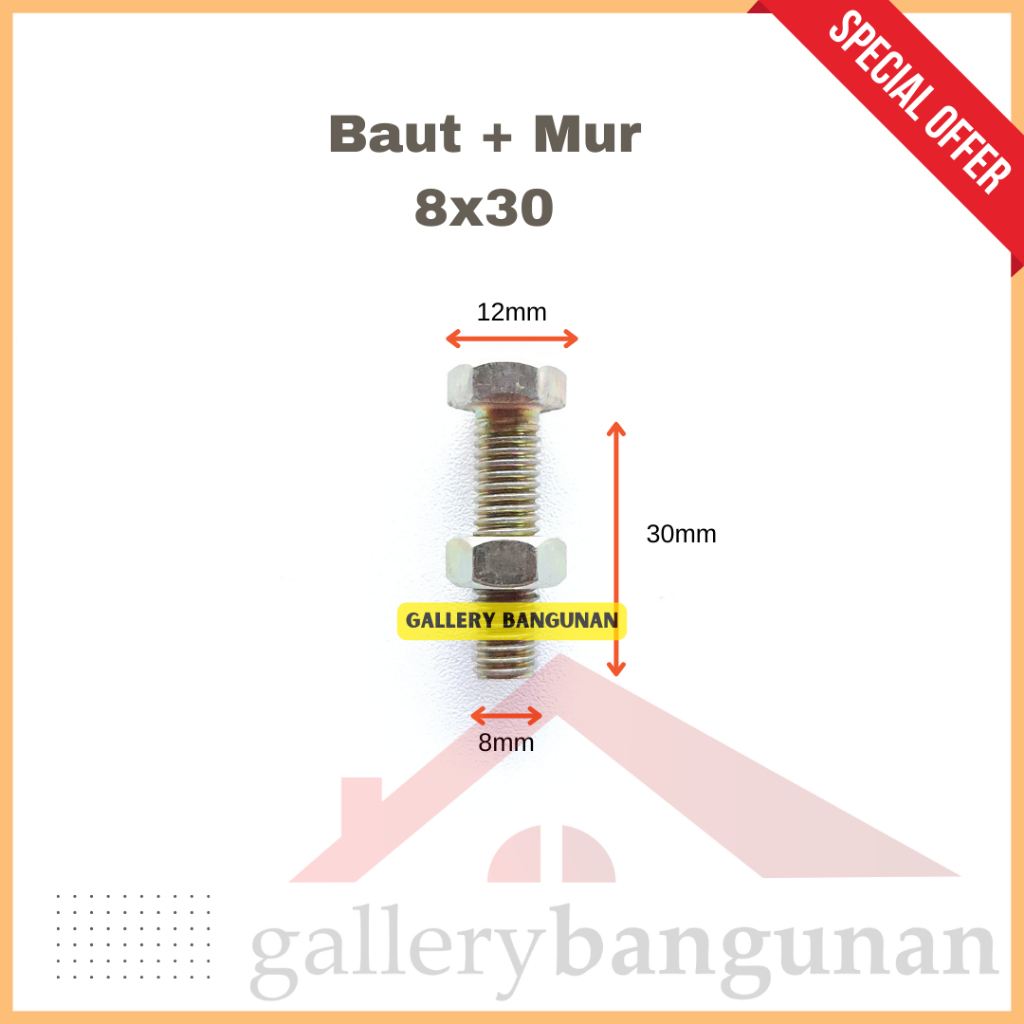 Baut Mur M8x30 Kuning Kunci 12 Panjang 30mm 30 mm 3cm 3 cm Hexagonal 8x30