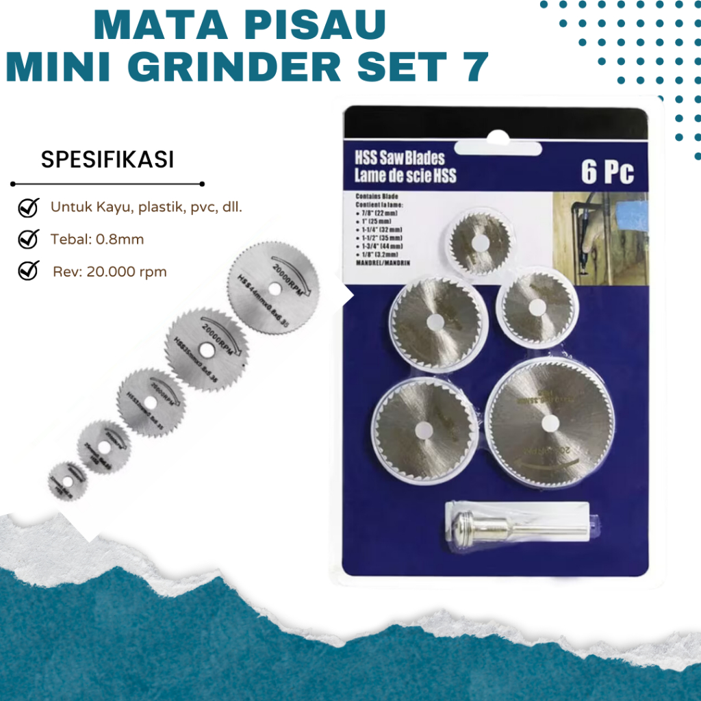 Mata Pisau Mini Grinder Set 7 Pcs Circular Saw Blade Mata Potong Gergaji Mini kayu Tuner Bit PVC HSS
