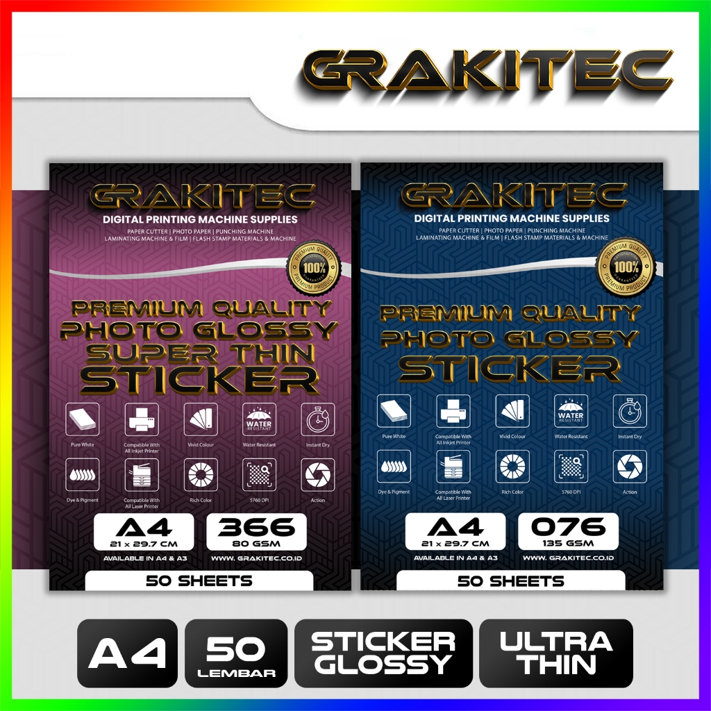 

Sticker Glossy Photo Paper A4 - Isi 50 Lembar Glossy Photo Sticker Paper ( Kertas Foto Sticker Glossy Premium ) Grakitec