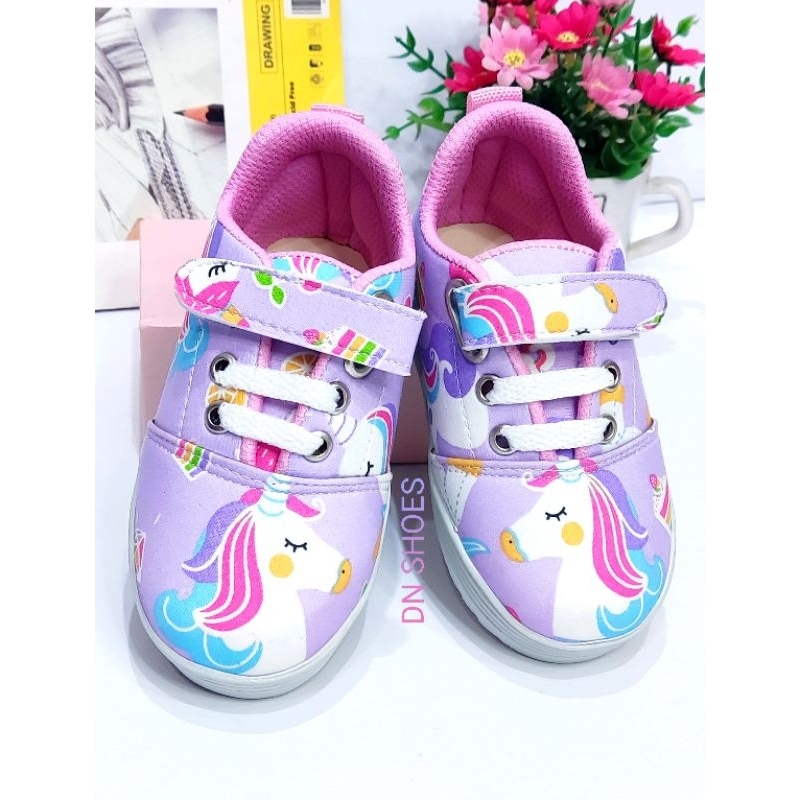Sepatu Sneaker Anak Perempuan TK Motif Unicorn Ungu Cute