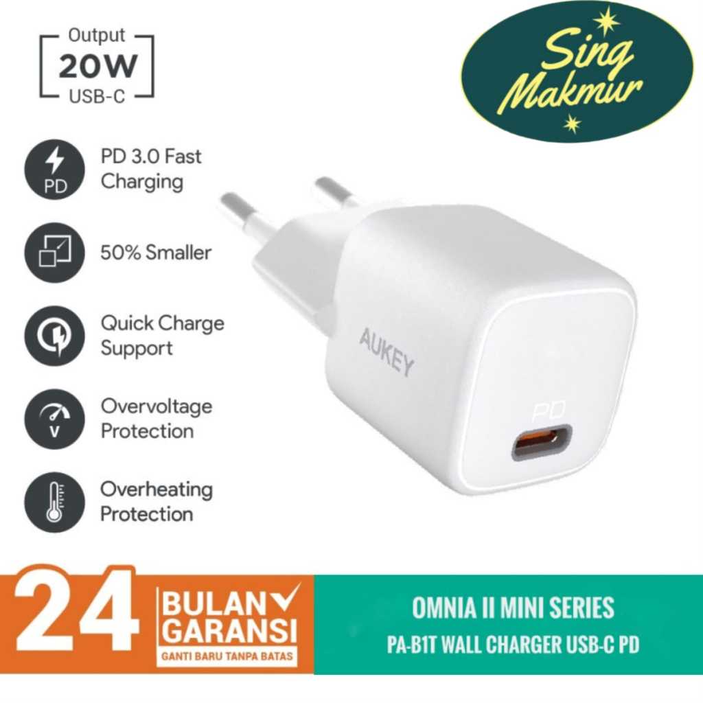 Adapter Charger Gan 20W Aukey PA-B1T MFi Made For iPhone XR 11 12 13 14 15