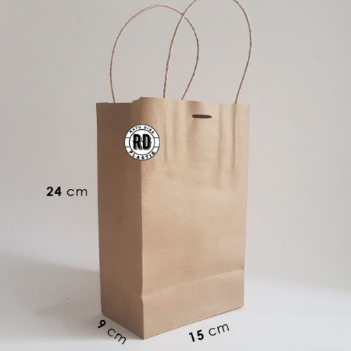 

￼Paper Bag polos P15 L9 T24 Kraft 125g Kantong Kertas Coklat - PB MINI PAK ISI 10