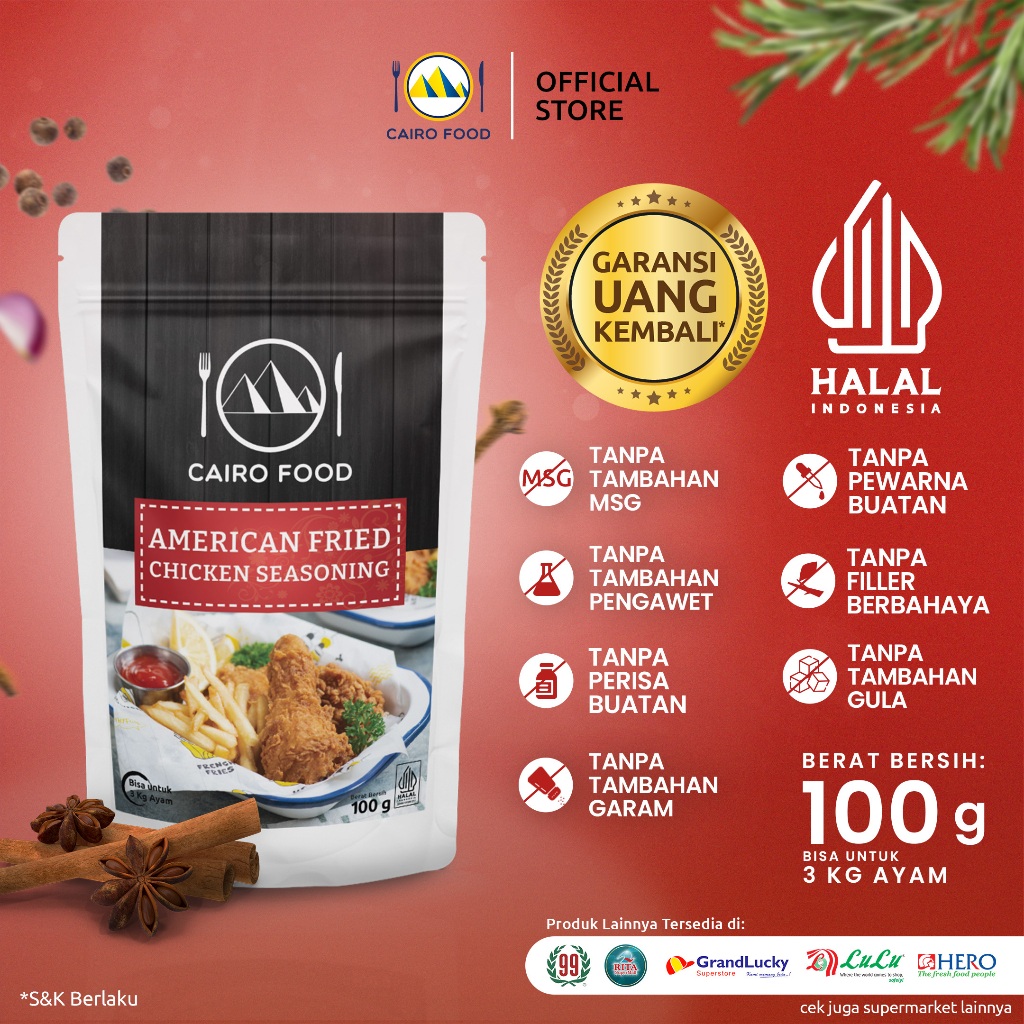 

Bumbu American Fried Chicken Sehat – Tanpa MSG, 100% Rempah Murni | Cairo Food - 100 Gram