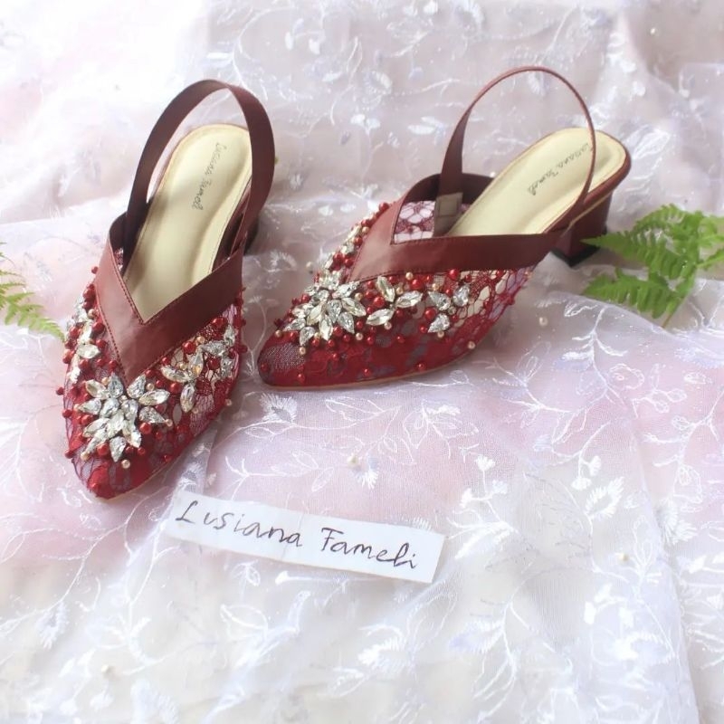 HAIRA I Sepatu tali heels wanita wedding shoes sandal pengantin selop Payet pesta bahan   brukat gra