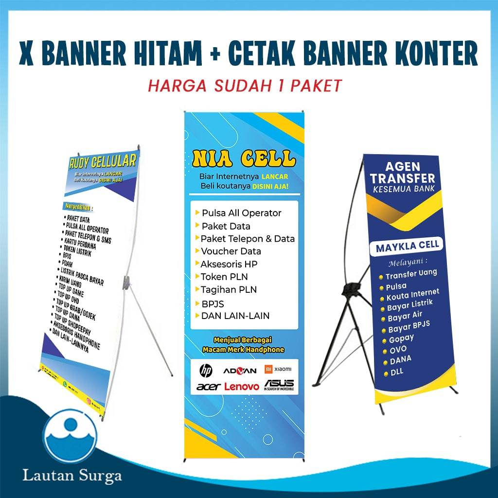 Cetak Standing X Banner Hitam Konter, Print Spanduk Counter Handphone, Kios Jual Pulsa, Internet Cel