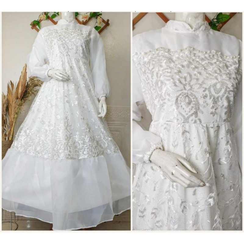 Gamis full broklat tile organza Putih
