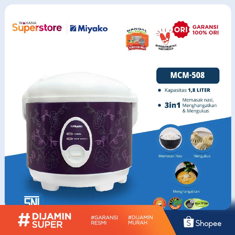 Miyako Rice Cooker Penanak Nasi Magic Warmer Plus 1.8 Liter - MCM508 Purple Rose | MCM-508 Purple Ro
