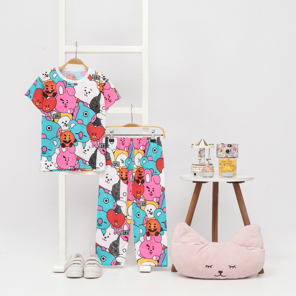 Setelan Baju Santai Piama Anak Perempuan Usia 1 - 10 Tahun Lengan Pendek Motif BT21