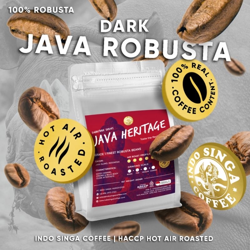 

Kopi Robusta Kopi Indo Singa Java Heritage Dark Roast Java Robusta 250 gram, Beans