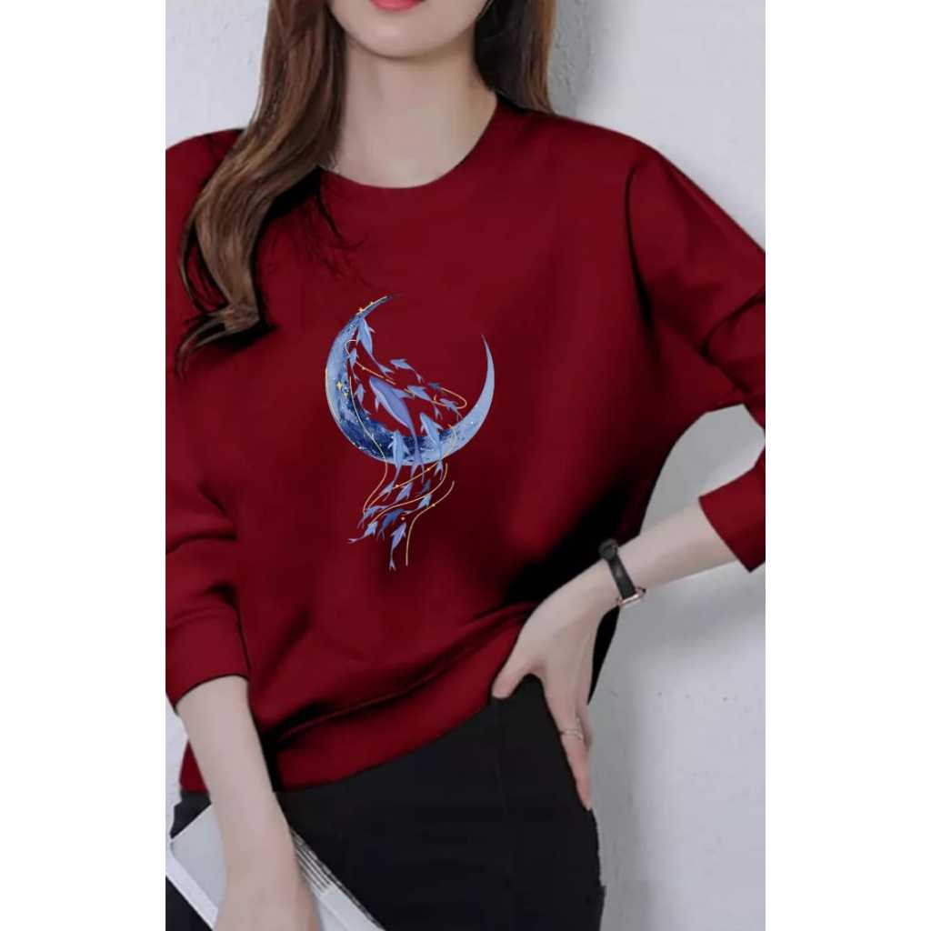 KAOS WANITA LENGAN PANJANG DEWASA KEKINIAN/KAOS WANITA LENGAN PANJANG DEWASA MOTIF BULAN DOLPIN