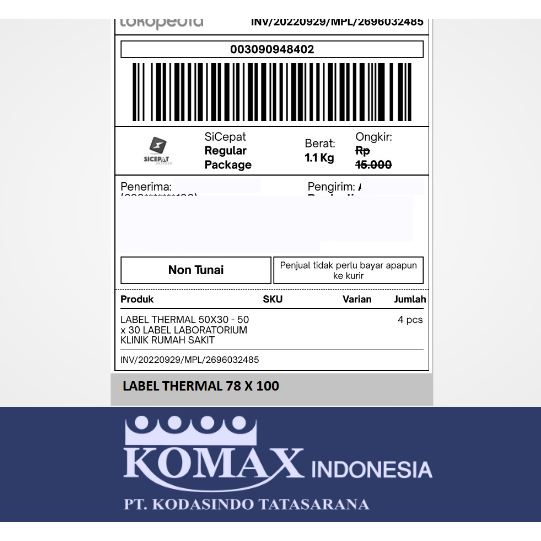 

LABEL CETAK RESI KERTAS STICKER LABEL PRINTER BARCODE 78 X 100 MM