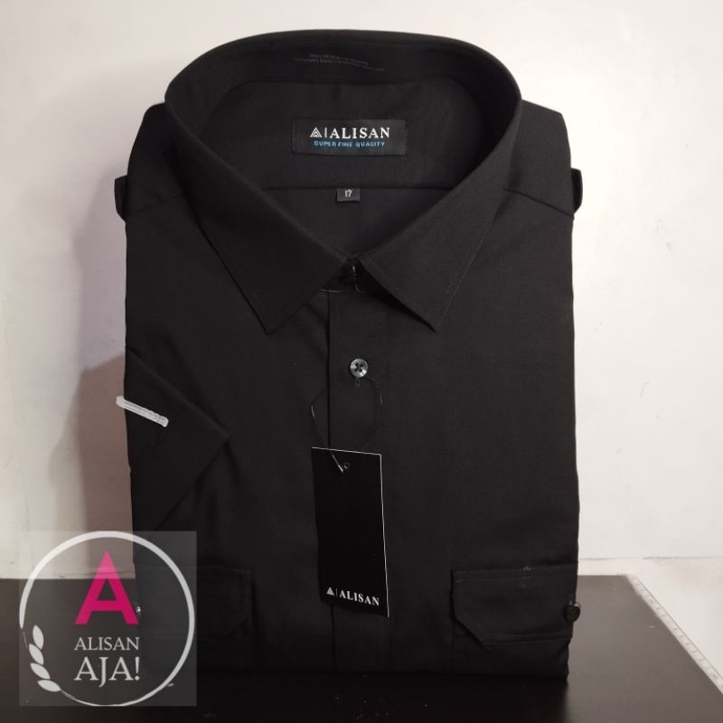 Kemeja Alisan Pangkat Hitam Pendek Reguler 16,5 - 17,5 (XXL - 4XL)