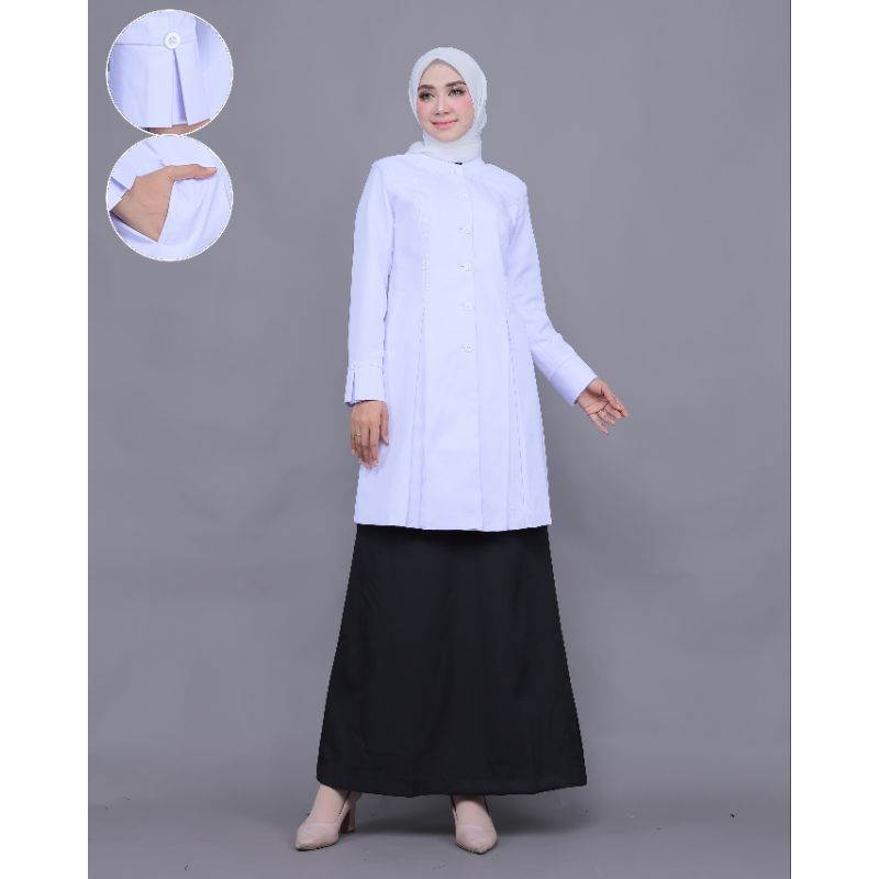 SERAGAM KERJA TUNIK PUTIH HITAM BELAH POLOS WANITA SETELAN ROK A HITAM/CELANA HITAM/ROK SPAN HITAM B