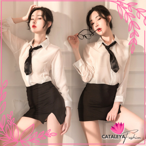 Cataleya Lingerie Seksi Sekretaris Wanita Cosplay Seragam Guru Lengan Panjang Dasi Rok Mini Seksi 11